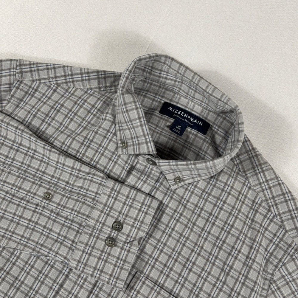 Mizzen+Main Button Down Shirt Plaid Performance Trim Fit Grey Mens Size M